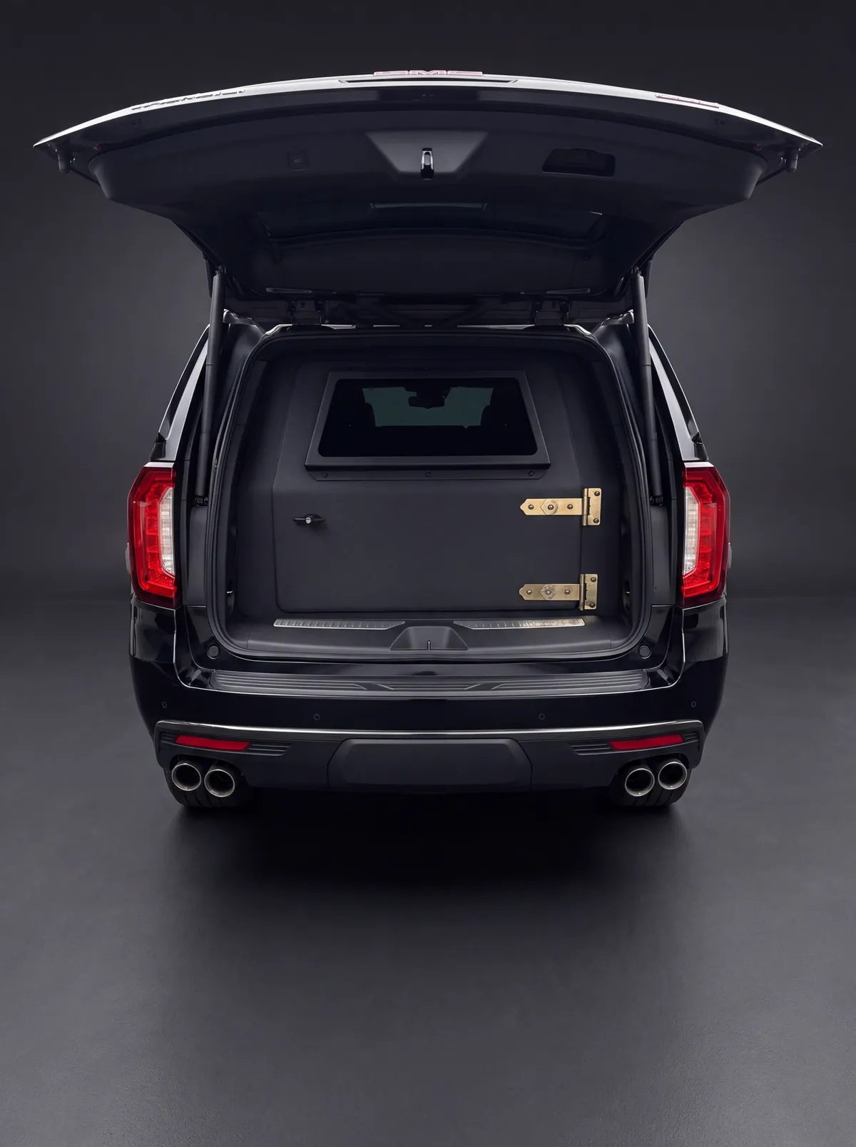 Armored rear partition of an armored GMC Yukon Denali, seen through the open liftgate